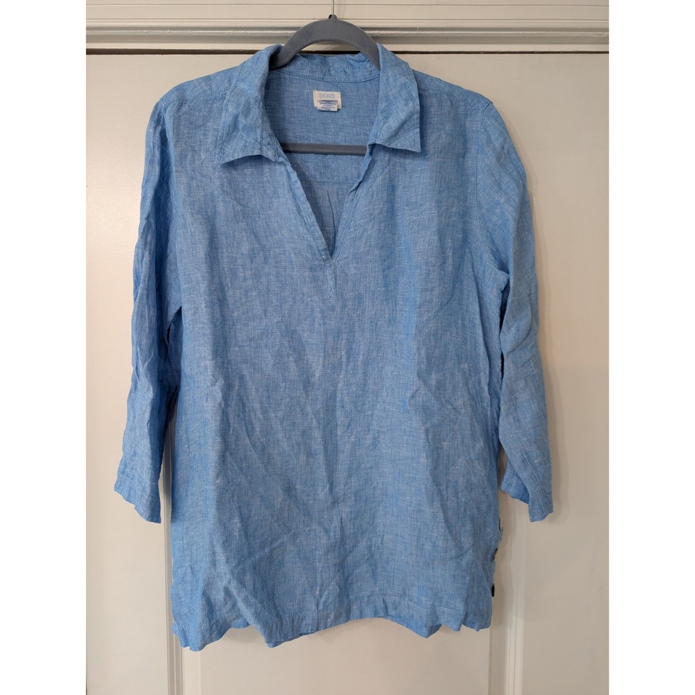 Sigrid Olsen Womens Blue 100% Linen Side Button Tunic Top Medium lagenlook